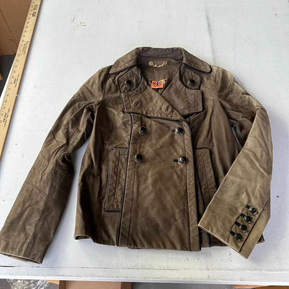 Tory Burch brown leather utility jacket faded perfectly double‎ breasted